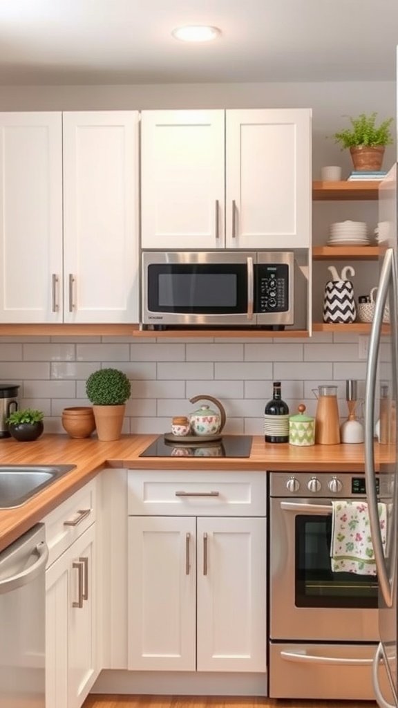 A small kitchen with white cabinets, wooden countertops, and stainless steel appliances, featuring decorative items like plants and dishware.