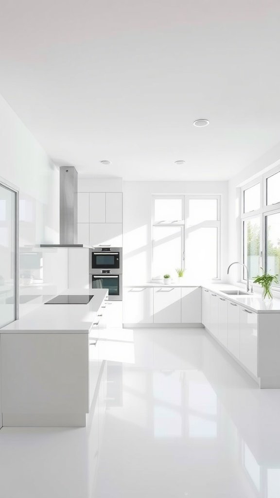 An all-white minimalist kitchen featuring smooth surfaces, modern appliances, and ample natural light.