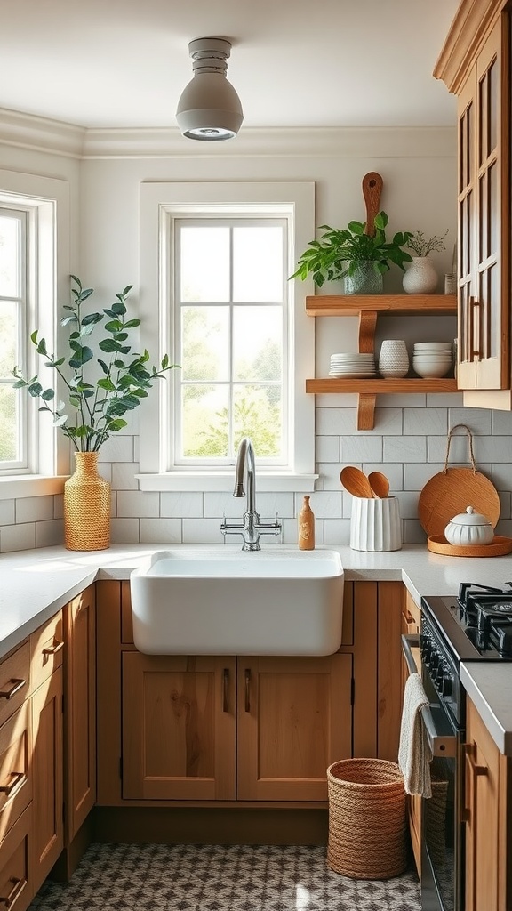 A cozy kitchen featuring an apron front sink, wooden cabinets, and decorative elements.