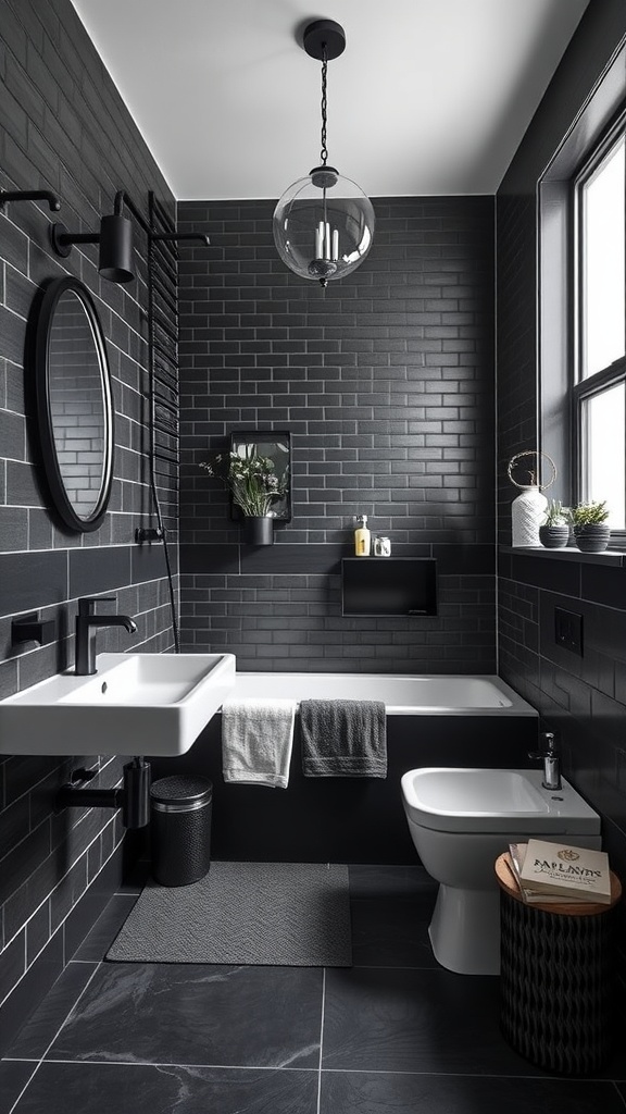 Modern black primary bathroom with sleek tiles and elegant fixtures.