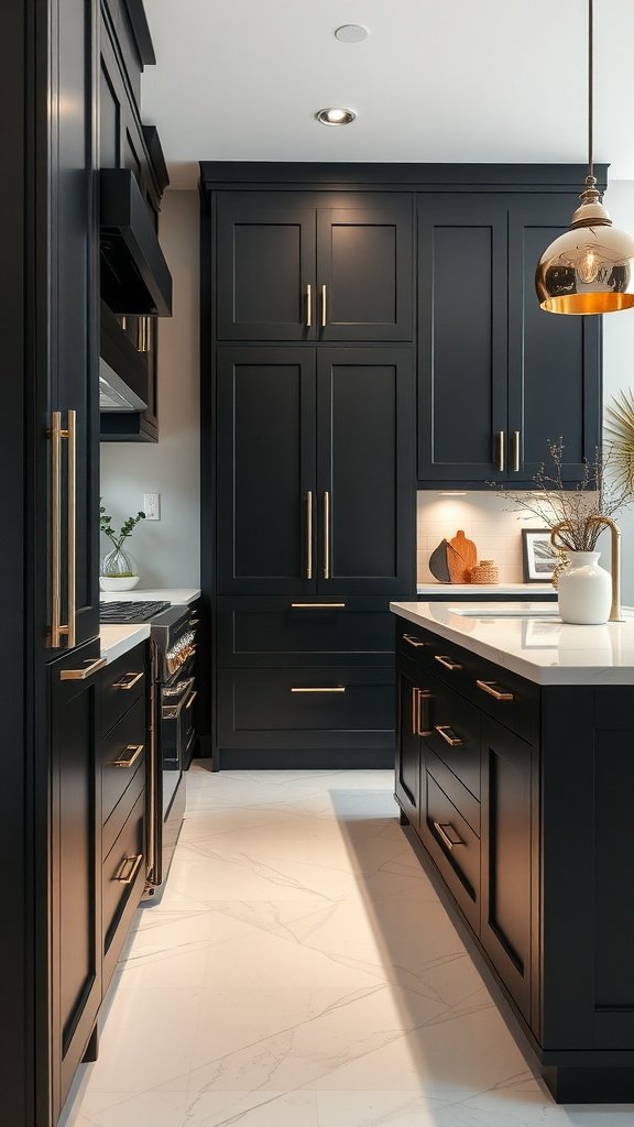 Modern black kitchen cabinets with gold hardware and marble countertops