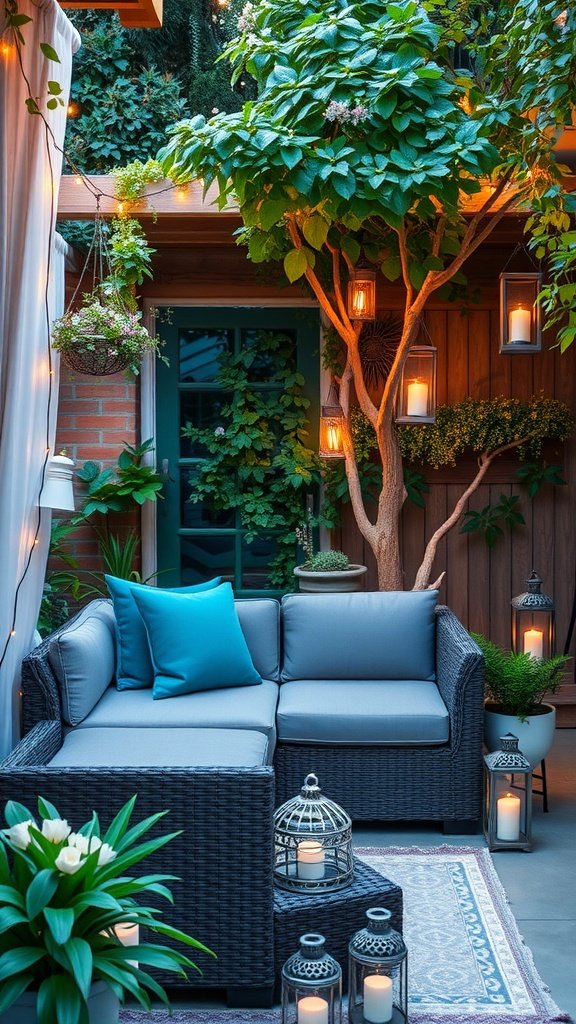 Cozy outdoor seating area with grey furniture, teal cushions, greenery, and hanging lanterns.