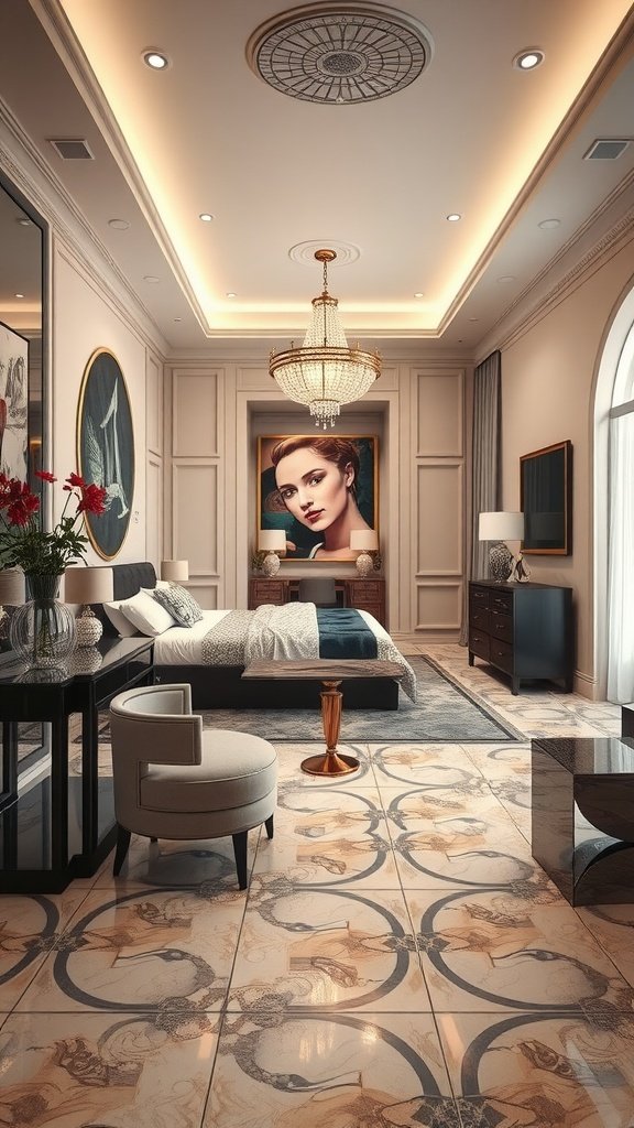 A stylish primary bedroom with elegant decor, featuring intricate tile flooring, plush bed, and a striking chandelier.