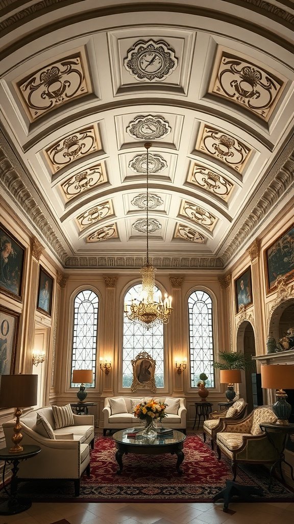 A luxurious living room featuring a groin vault ceiling, elegant furnishings, and large arched windows.