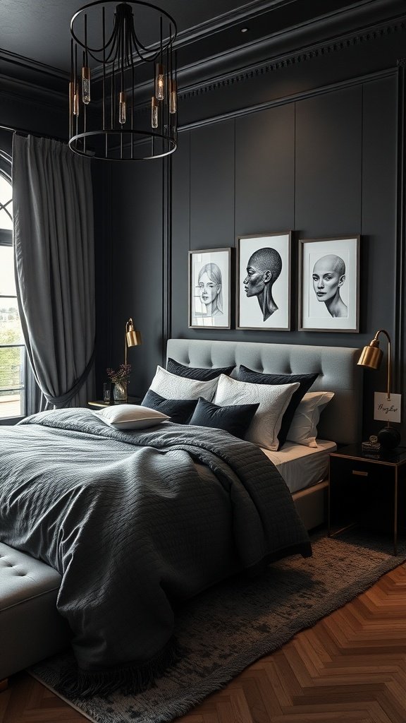 A stylish black and neutral bedroom featuring dark walls, elegant artwork, and cozy bedding.