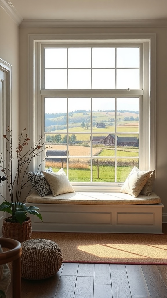 A cozy window seat with cushions overlooking a countryside view.