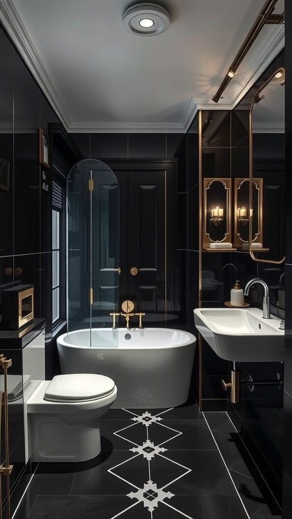 A luxurious black bathroom featuring a freestanding white tub, glass shower, and golden fixtures.
