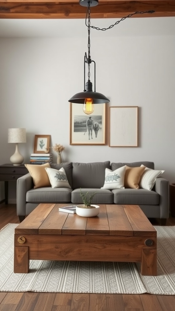 Industrial style pendant lighting over a rustic coffee table in a modern farmhouse living room