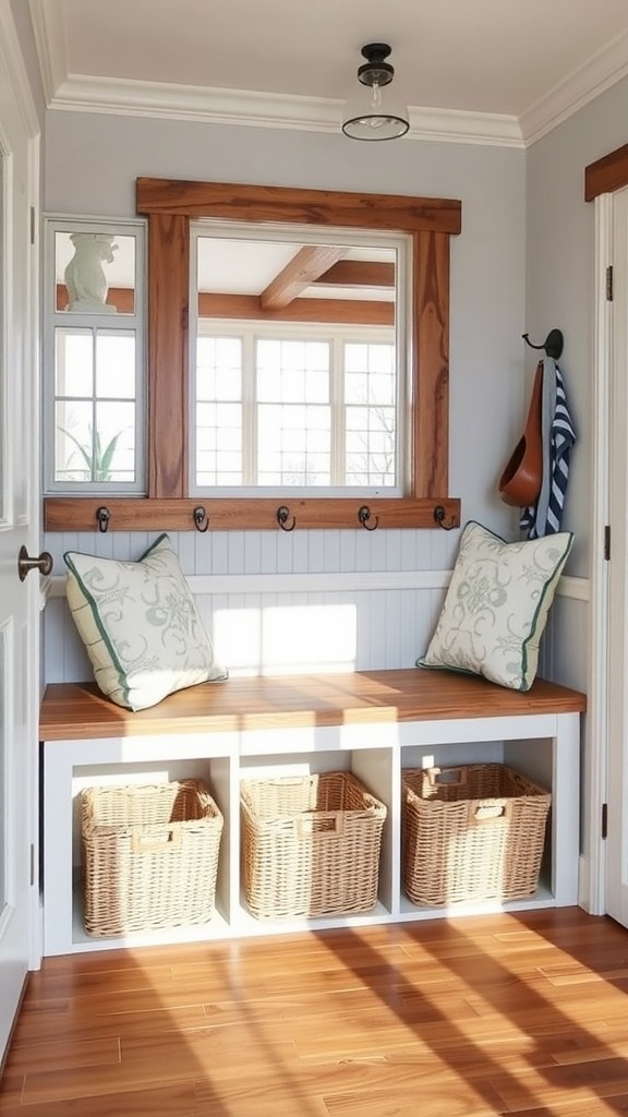 A cozy mudroom with a bench and storage baskets, featuring natural light and a modern farmhouse design.