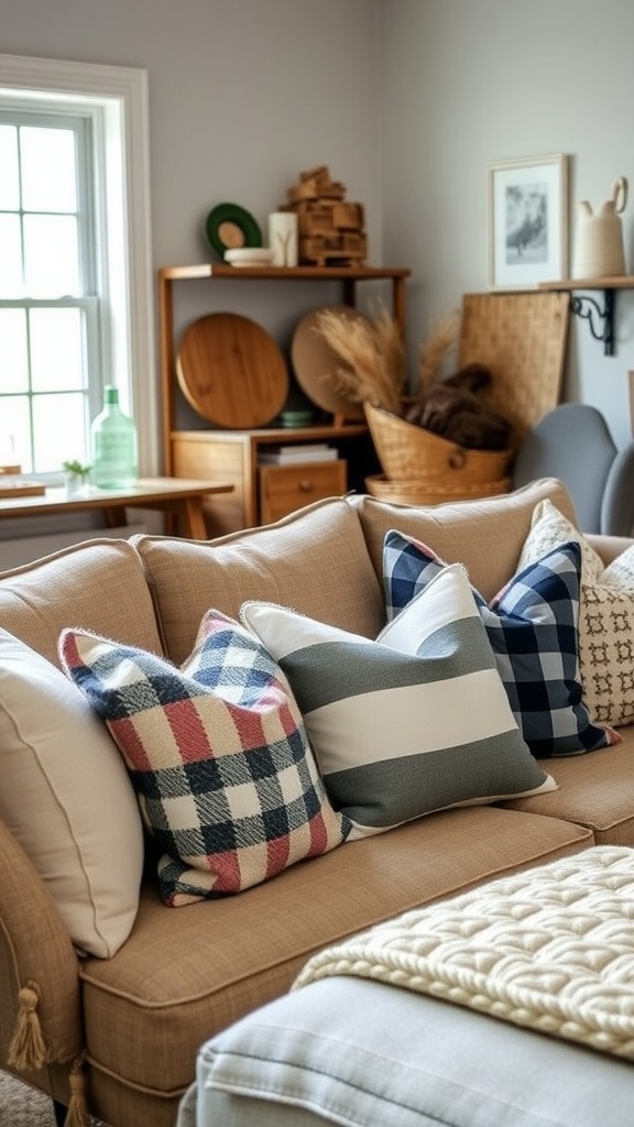 Cozy farmhouse style throw pillows in a living room setting