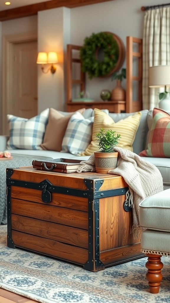 Vintage trunk used as a side table in a modern farmhouse living room
