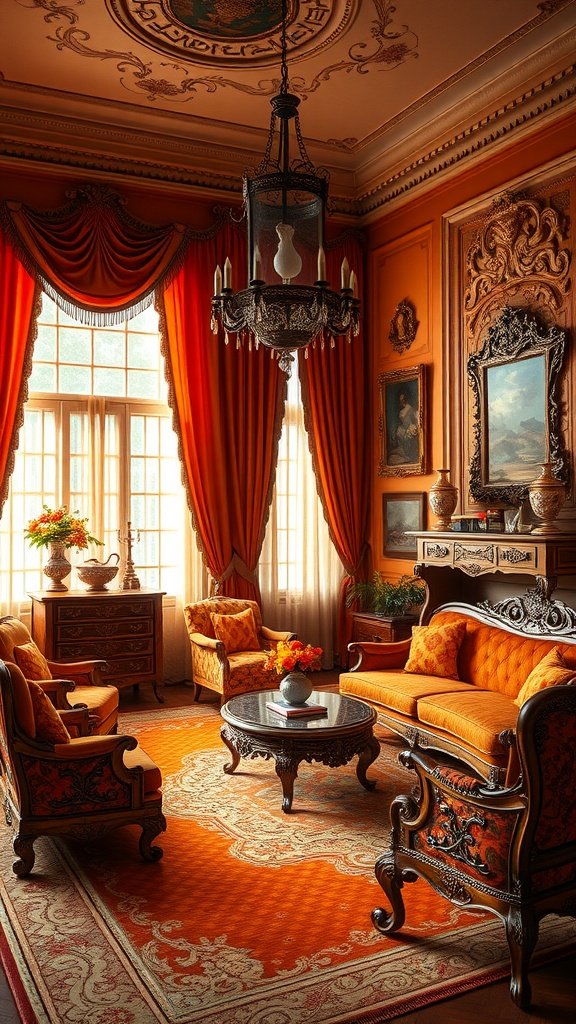 Luxurious living room with orange decor, elegant chandelier, and vintage furniture