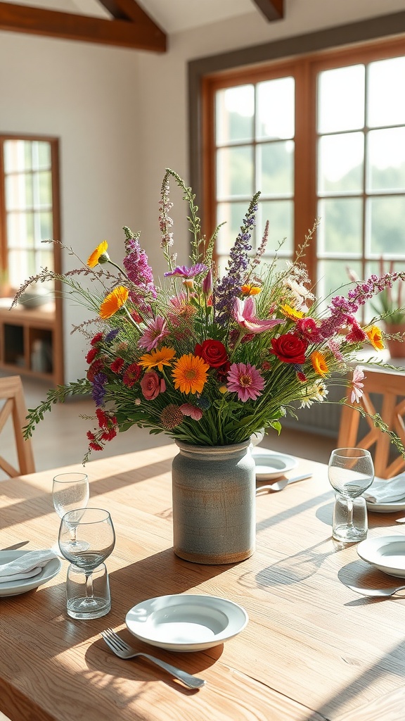 A dining table with a centerpiece of colorful wildflowers in a ceramic vase, surrounded by tableware.