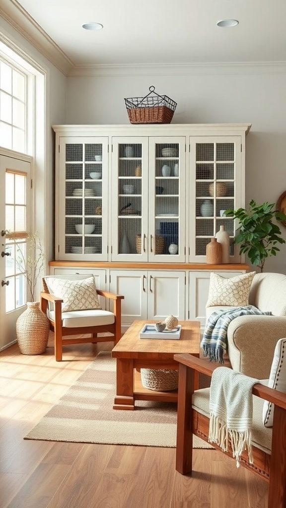 A modern farmhouse living room featuring a cabinet with chicken wire accents, wooden furniture, and cozy decor.