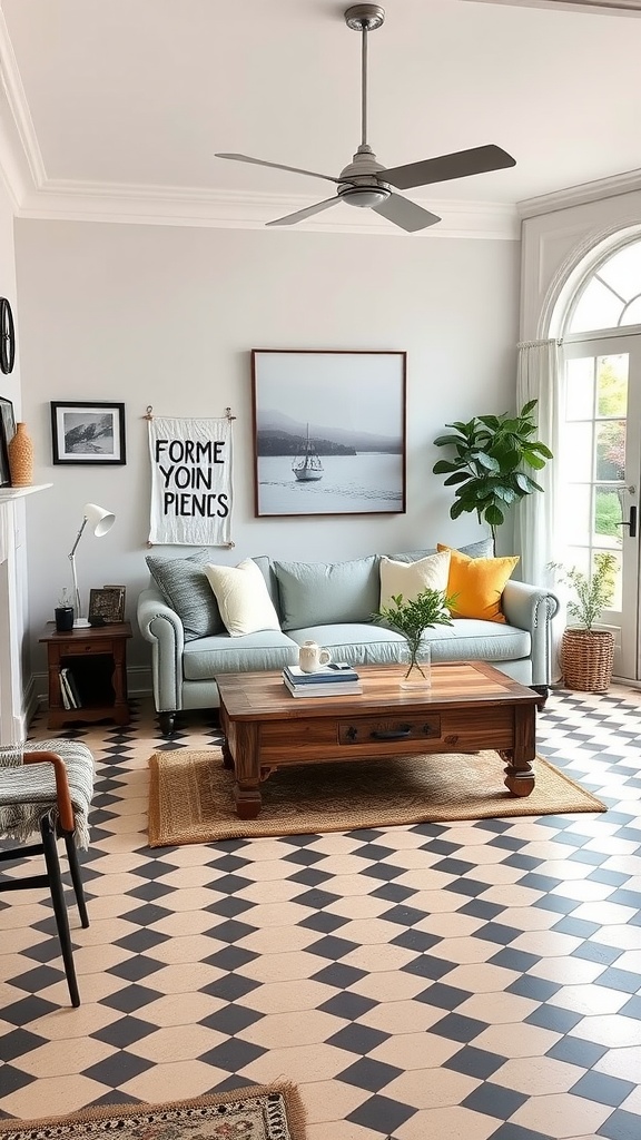 Living room with checkerboard tile flooring, light blue sofa, and wooden coffee table