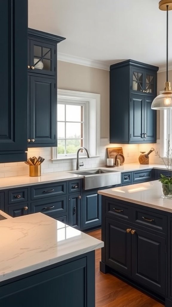 U-shaped kitchen featuring navy blue cabinets and white countertops