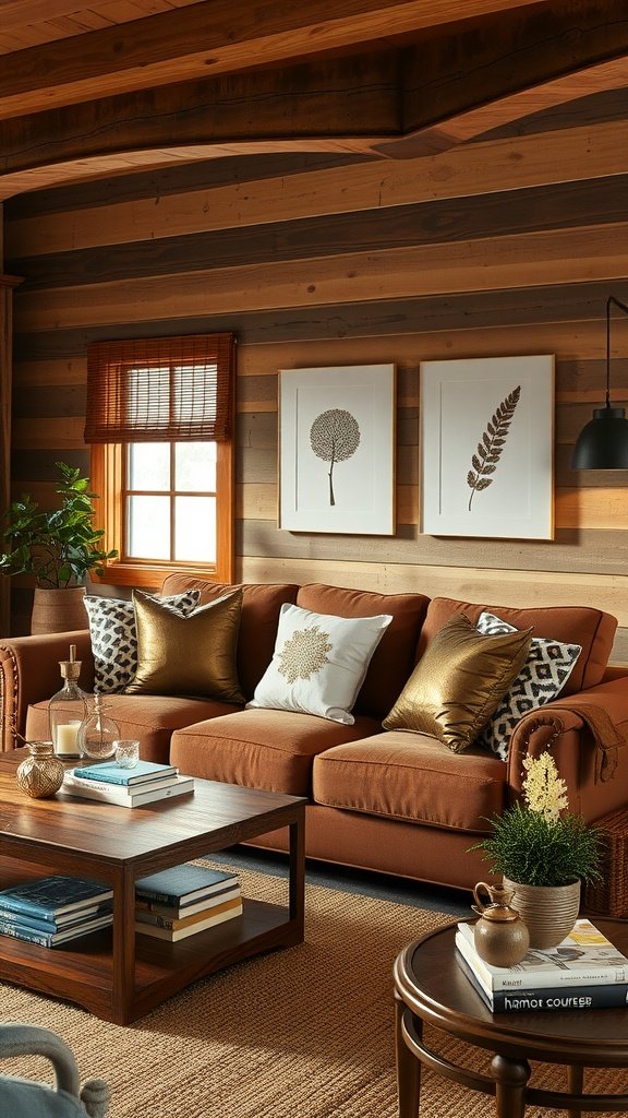 Cozy farmhouse living room featuring a brown couch with metallic accent pillows, wooden walls, and decorative plants.