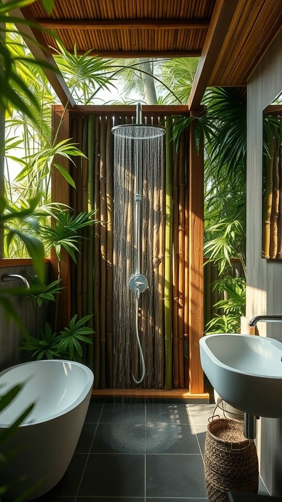 A luxurious bathroom featuring a rain shower surrounded by bamboo and lush greenery.