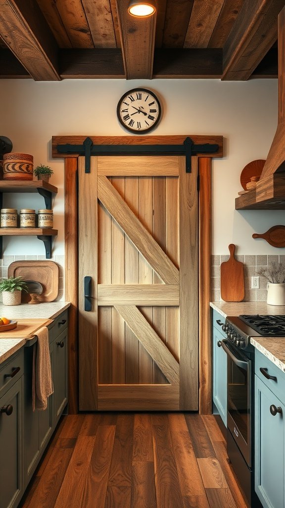 A rustic barn door leading to a pantry, featuring natural wood and black hardware in a cozy kitchen.