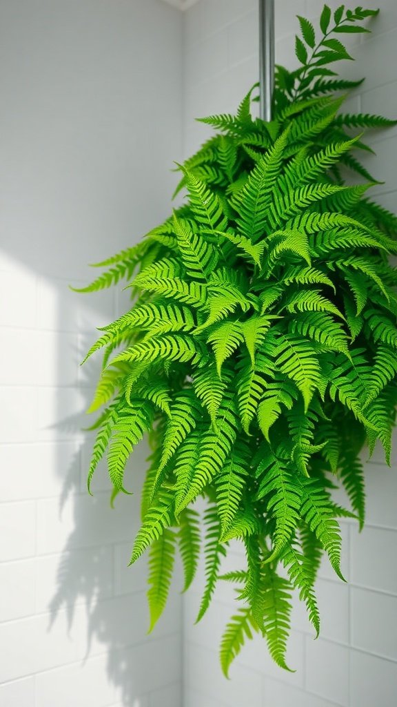 A lush Boston Fern hanging in a bright, modern shower with white tiles