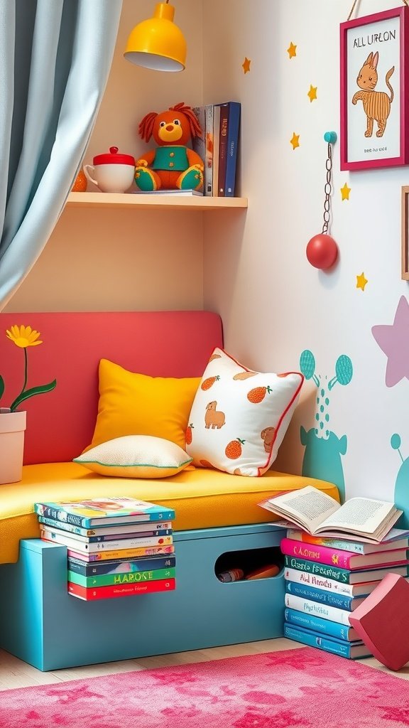 Colorful reading nook with bright cushions, shelves of books, and playful decor.