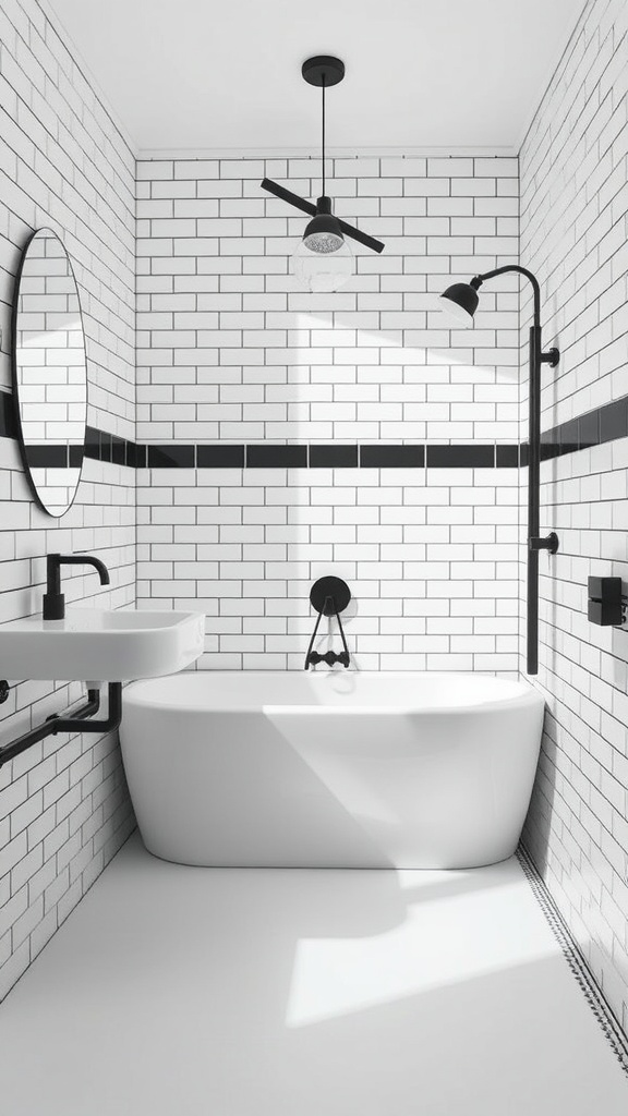 A modern bathroom featuring classic white subway metro tiles with black accents, a freestanding bathtub, and stylish fixtures.