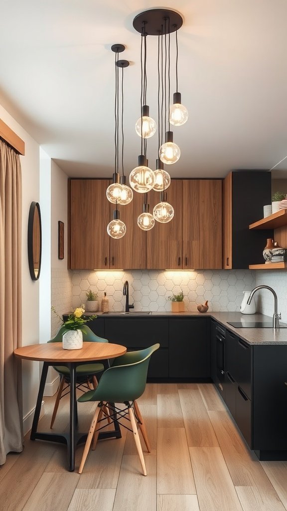 A modern kitchen featuring clustered pendant lights with a warm glow, complemented by wooden cabinets and a cozy dining area.