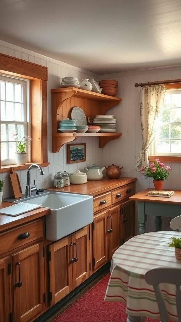A cozy cottage kitchen with wooden cabinets, open shelving, a farmhouse sink, and a small dining table.