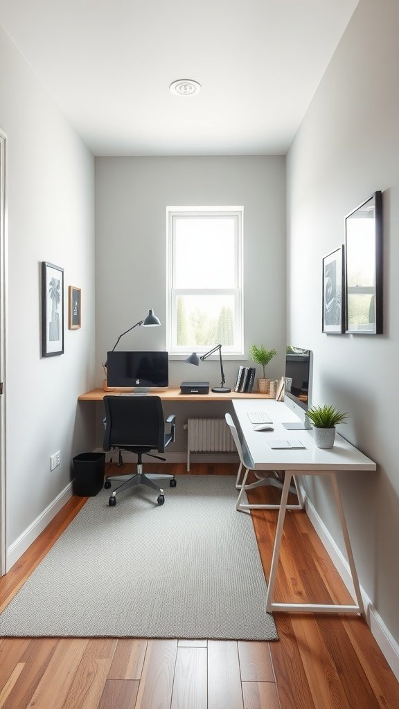 Small home office with a double desk layout on a long wall, featuring two desks, a chair, and decorative items