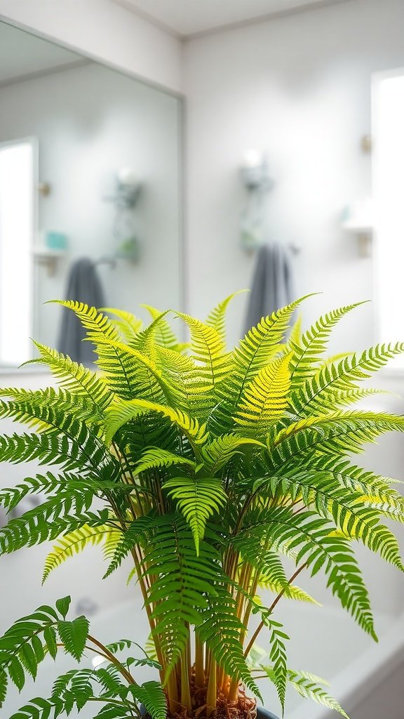 A vibrant fern in a bright bathroom setting