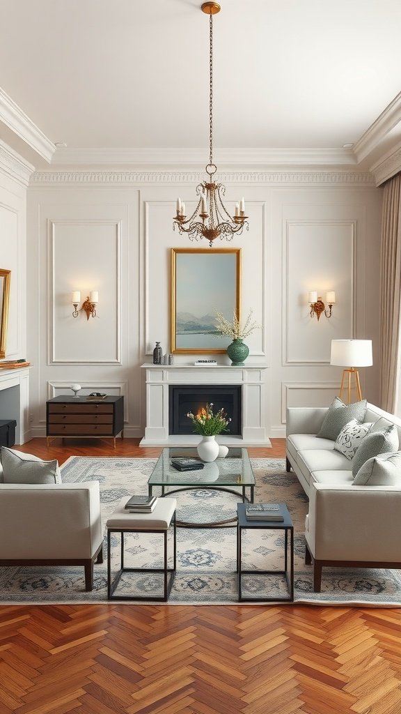A formal living room with elegant furniture arrangement and classic decor.
