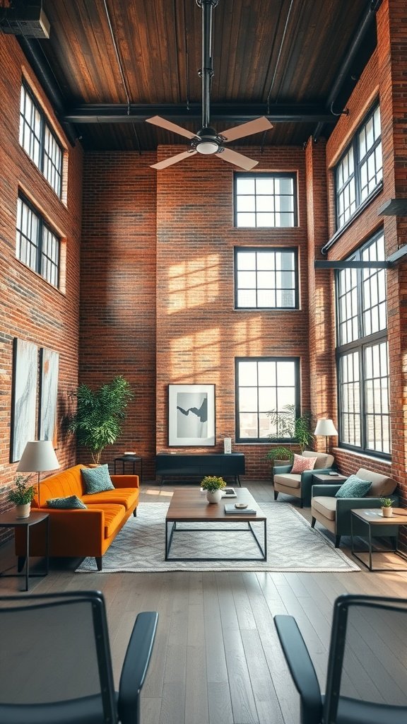 An industrial style living room with high ceilings, large windows, and a mix of textures including brick walls and wooden floors.