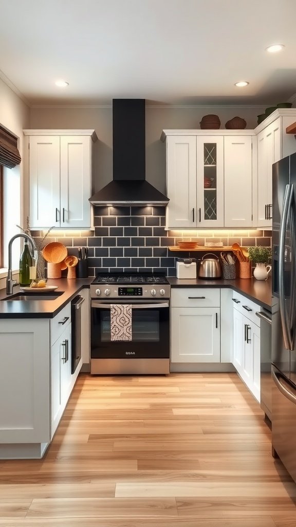 A modern farmhouse kitchen featuring white cabinets, black accents, and wooden flooring