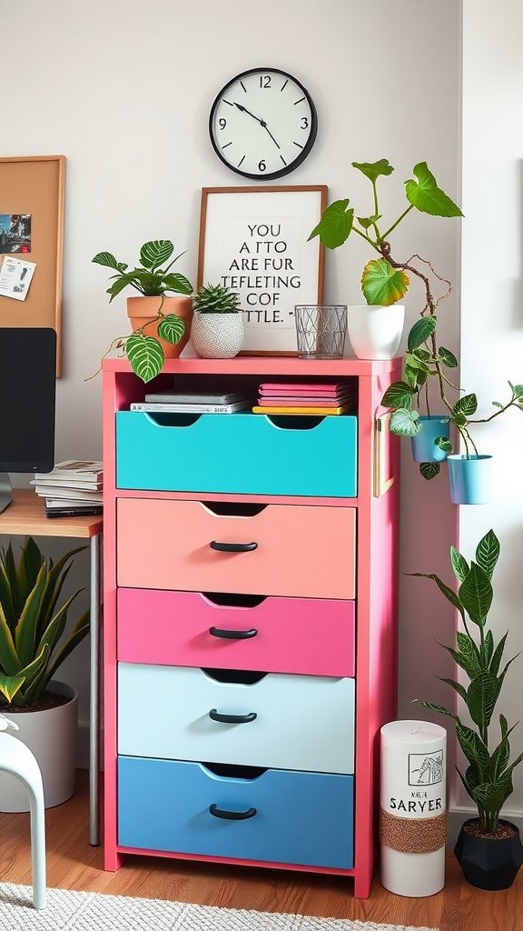 Ikea Alex Drawer Unit in vibrant colors surrounded by plants and decor in a home office