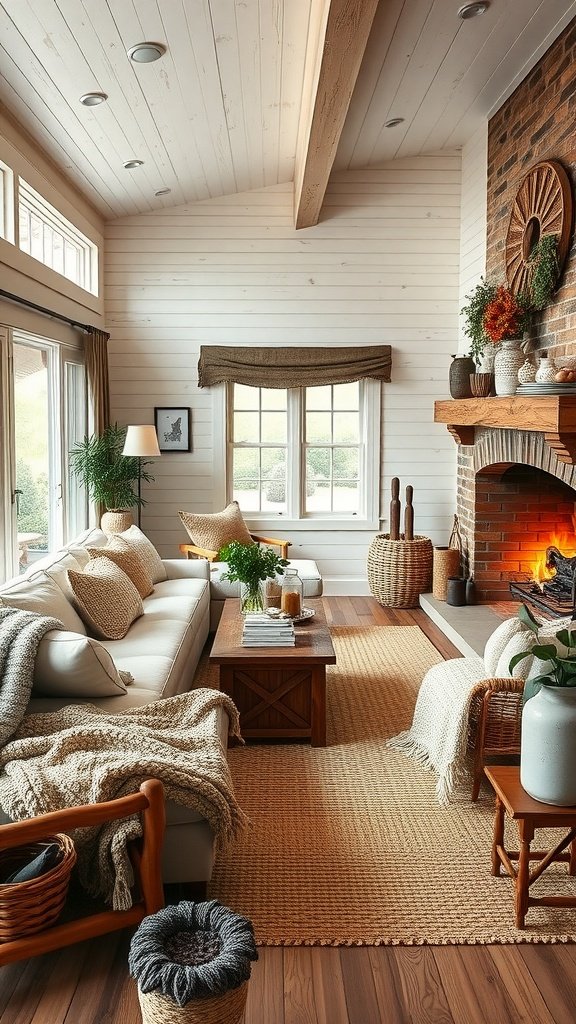 A warm and inviting farmhouse living room with layered textures, featuring a cozy sofa, woven rugs, and natural decor.