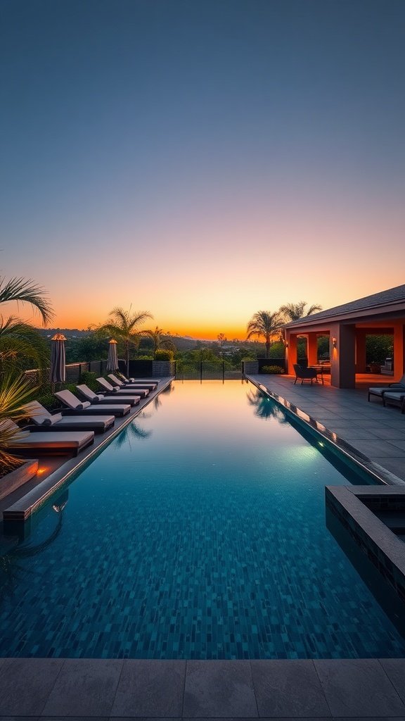 Luxurious backyard swimming pool with lounge chairs and sunset view.