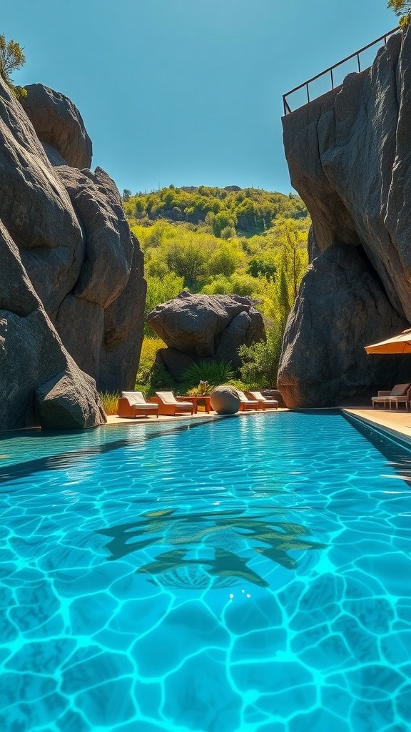 Luxury swimming pool with massive natural rocks and lounge chairs