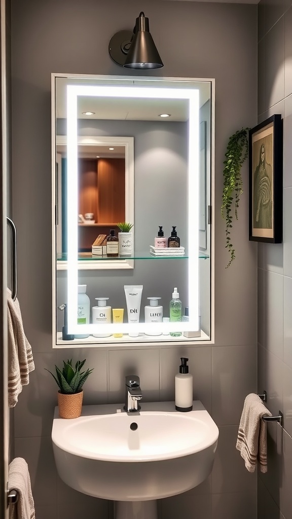 A modern medicine cabinet with a mirror, showcasing neatly organized skincare products and a plant on the shelf.