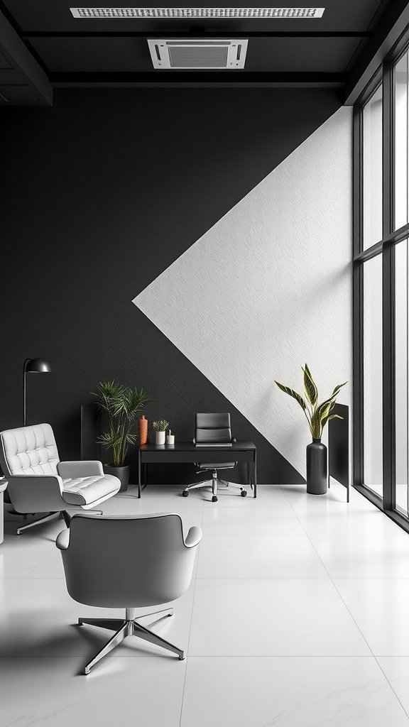 A minimalist office space featuring a black and white accent wall, modern furniture, and plants.