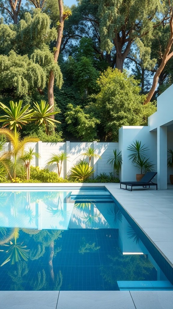 A minimalist swimming pool design surrounded by greenery, featuring clear water and a sleek concrete border.