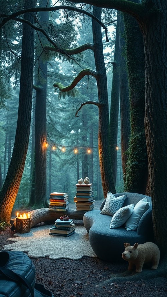 A cozy reading sanctuary in a woodland setting with plush seating, stacked books, and warm string lights.