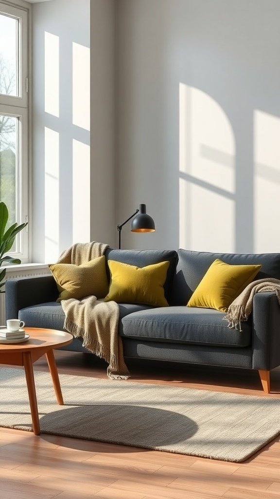 Cozy living room featuring a charcoal gray sofa with olive green pillows, a warm throw, and natural light.