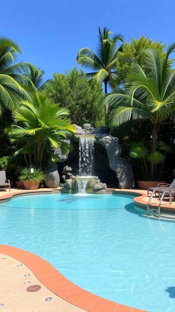A tranquil swimming pool with a waterfall and surrounding greenery, embodying luxury pool design.