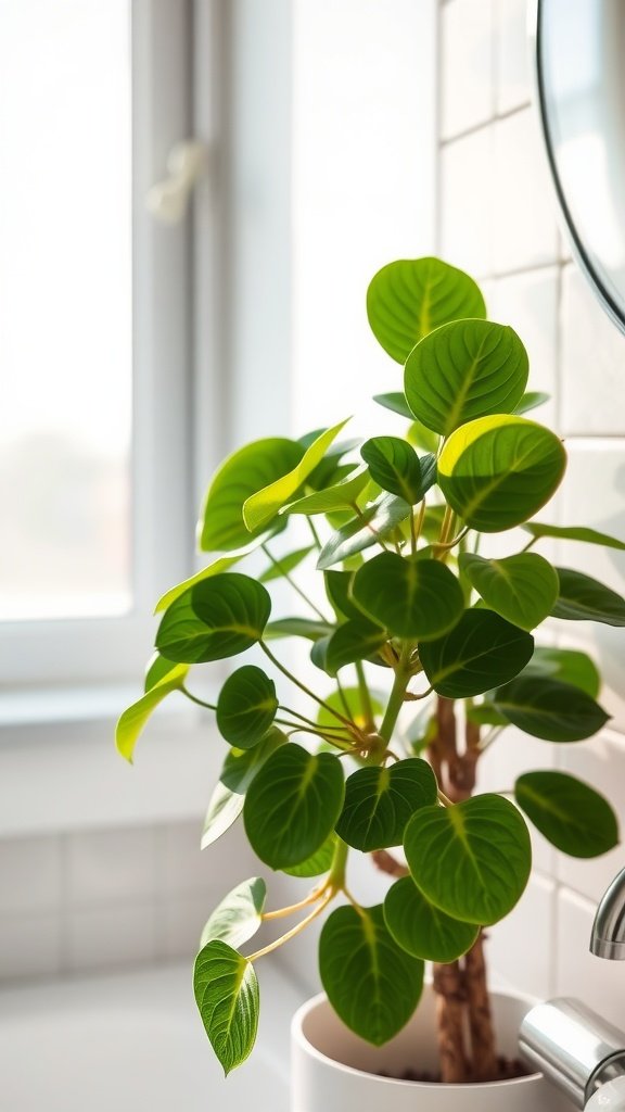 A Peperomia plant with glossy leaves in a bathroom near a window