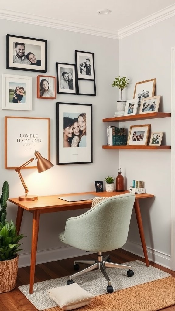 A cozy small home office setup featuring a wooden desk, ergonomic chair, framed family photos on the wall, and decorative items on shelves.