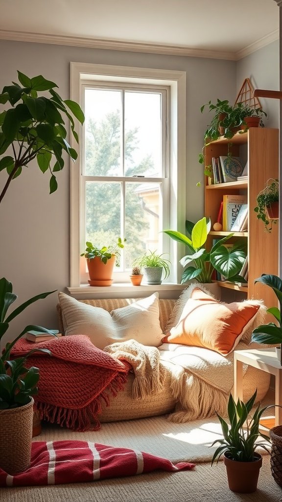 A cozy nook with a soft couch, colorful cushions, and plants, illuminated by natural light.