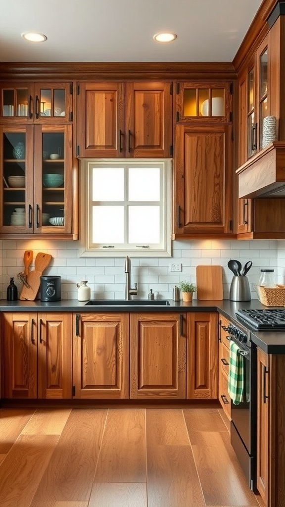 Rustic modern kitchen with wooden cabinets, black countertop, and glass-front cabinets