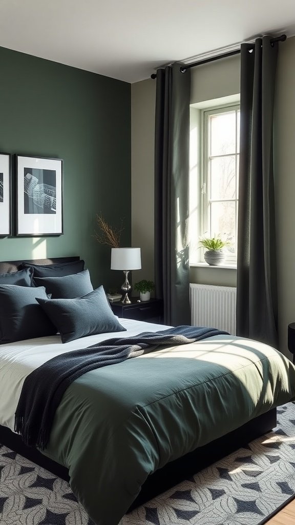 A cozy bedroom featuring sage green walls, black accents, and stylish decor.