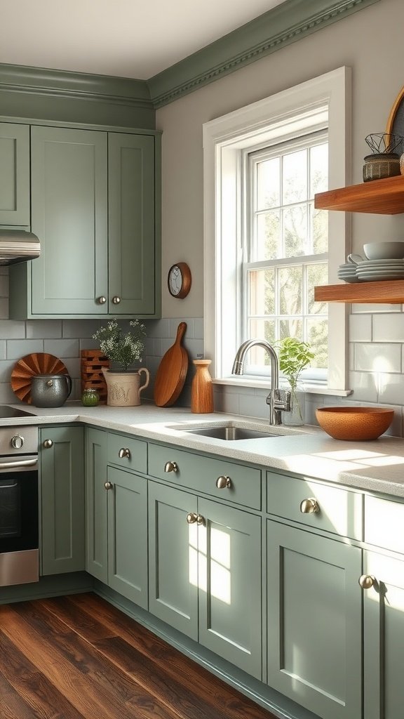 A kitchen featuring sage green cabinets and natural wood accents, showcasing Sherwin Williams Evergreen Fog.