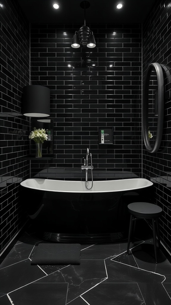 A black bathroom featuring glossy black tiles, a white bathtub, modern lighting, and minimal decor.
